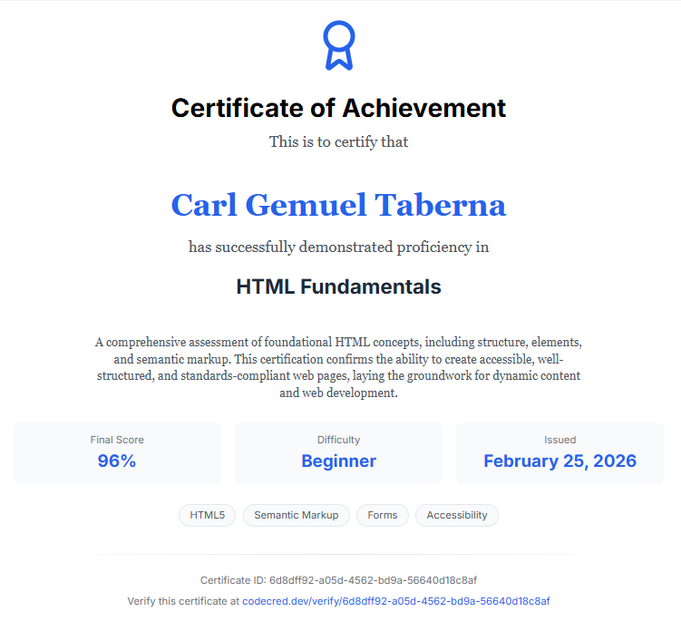 HTML Fundamentals Certificate preview