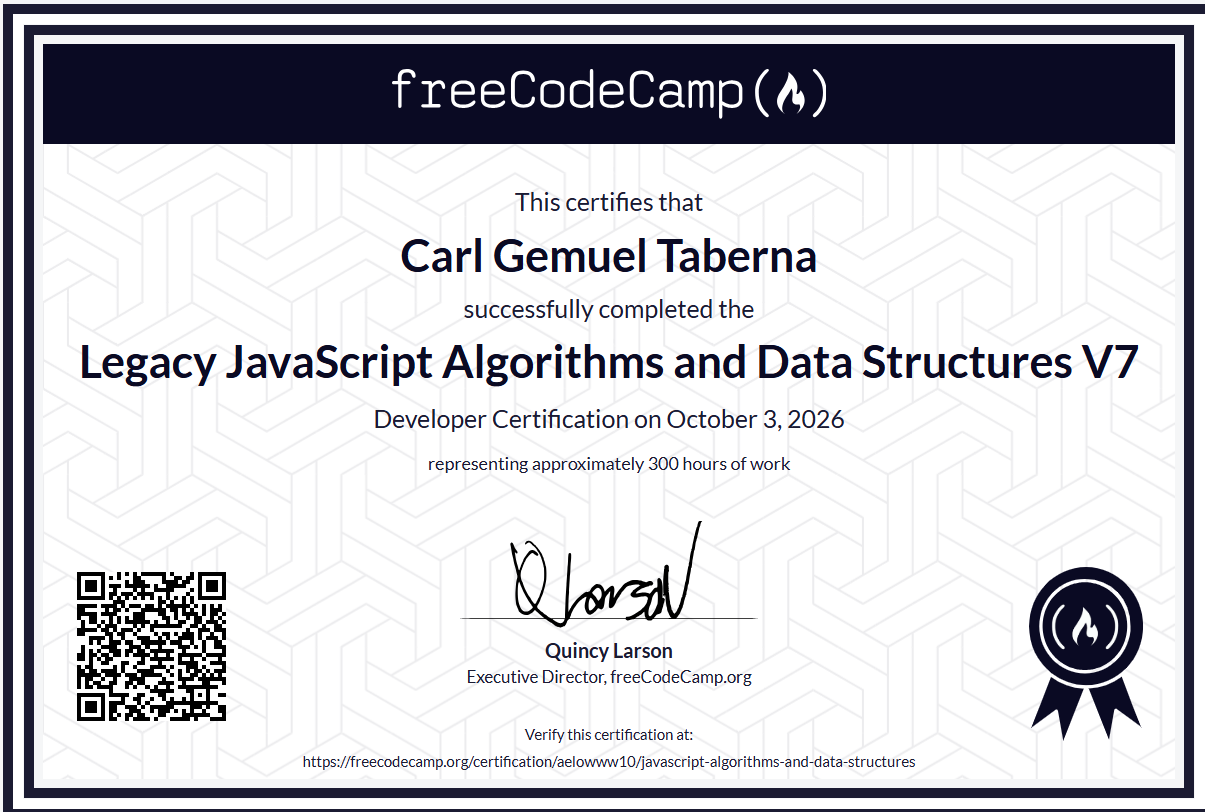 Legacy JavaScript Algorithms and Data Structures V7 Certificate preview