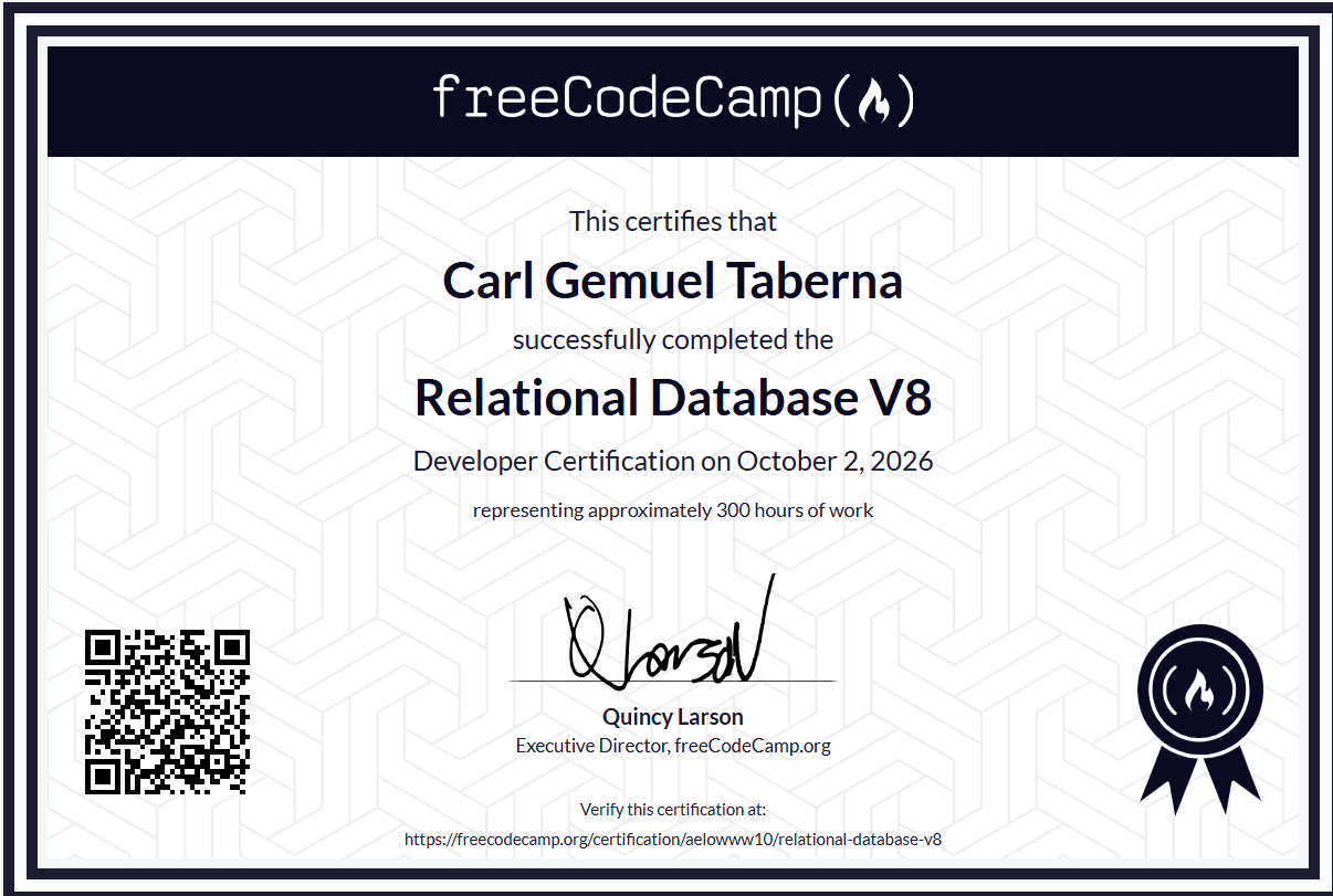 Relational Database V8 Certificate preview