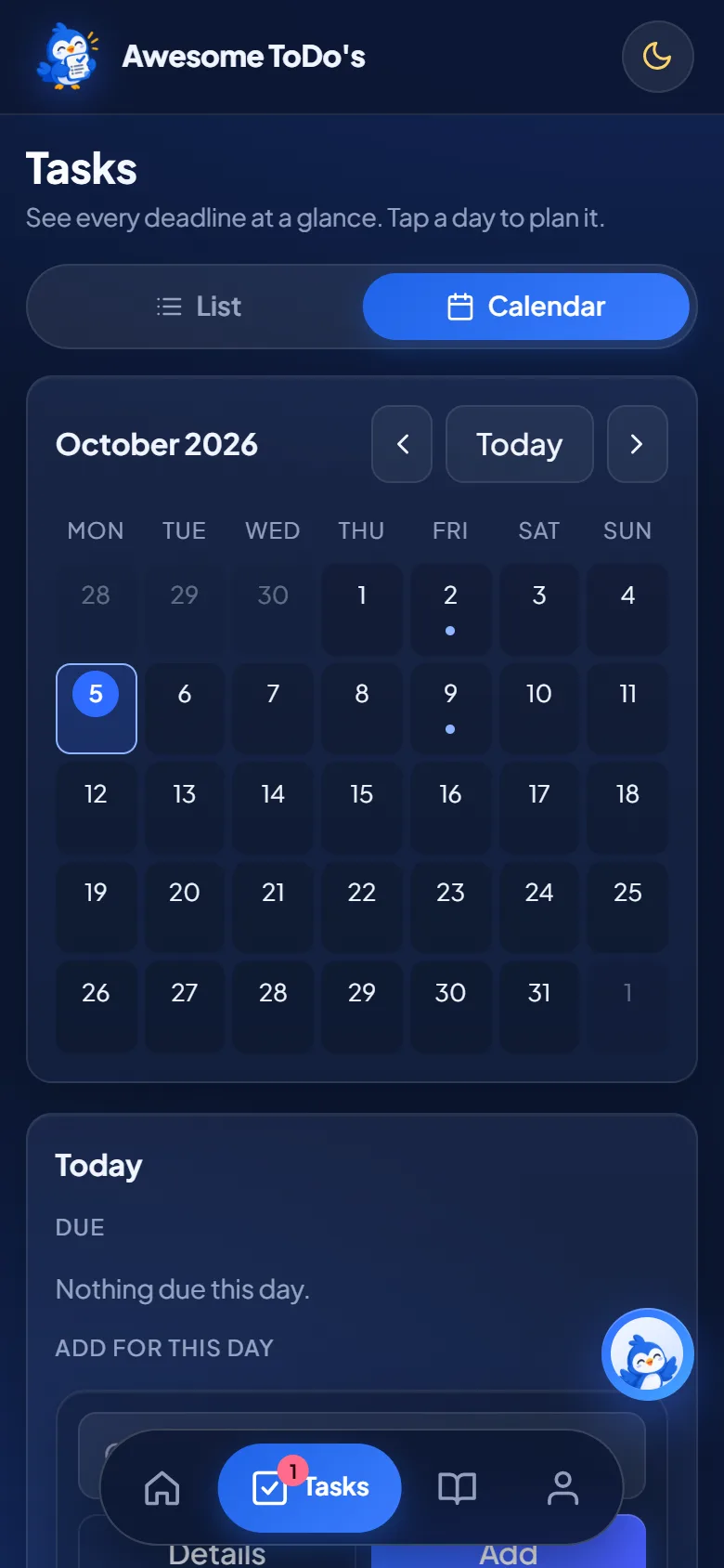 Deadline calendar on mobile