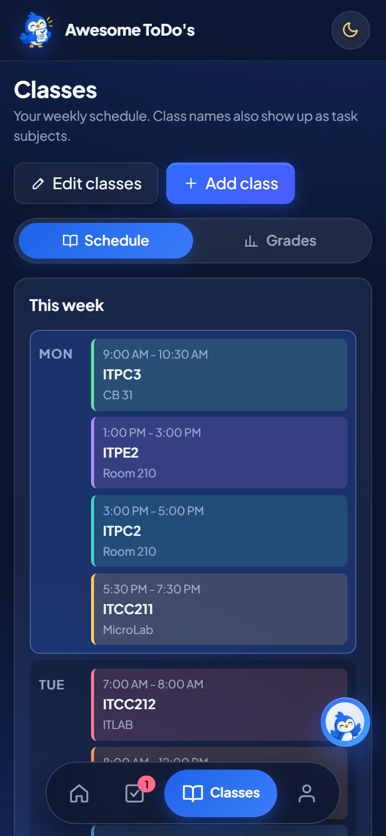 Class schedule on mobile