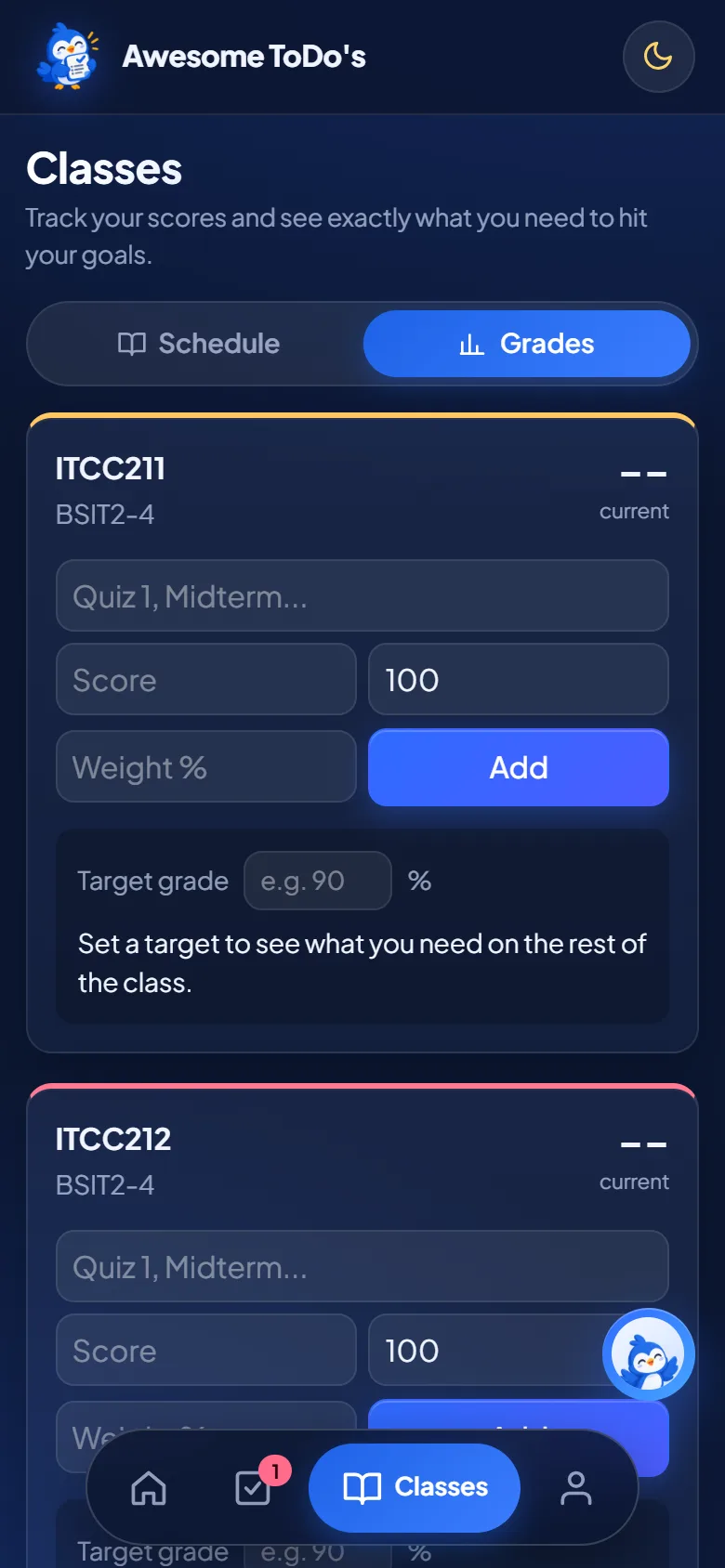 Grade tracker on mobile