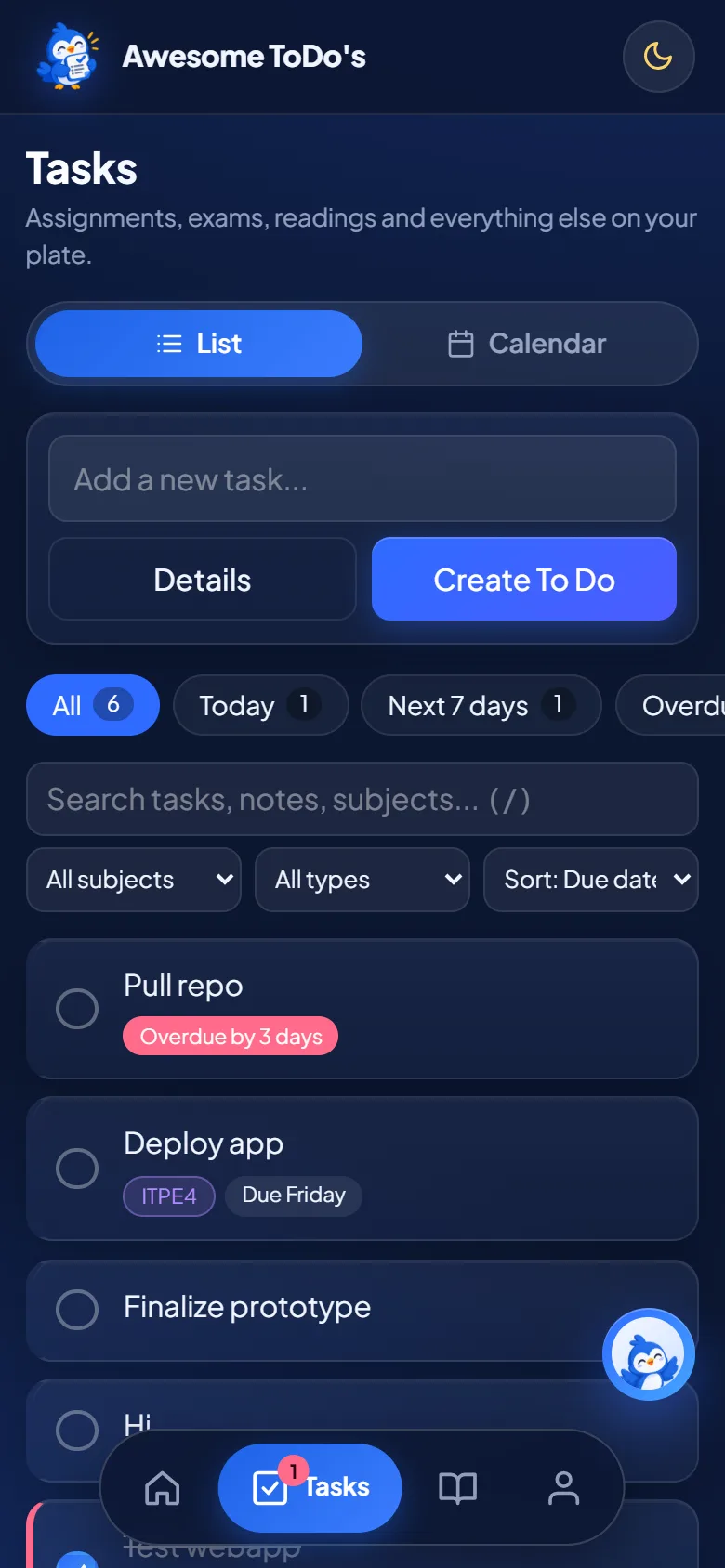 Task list on mobile