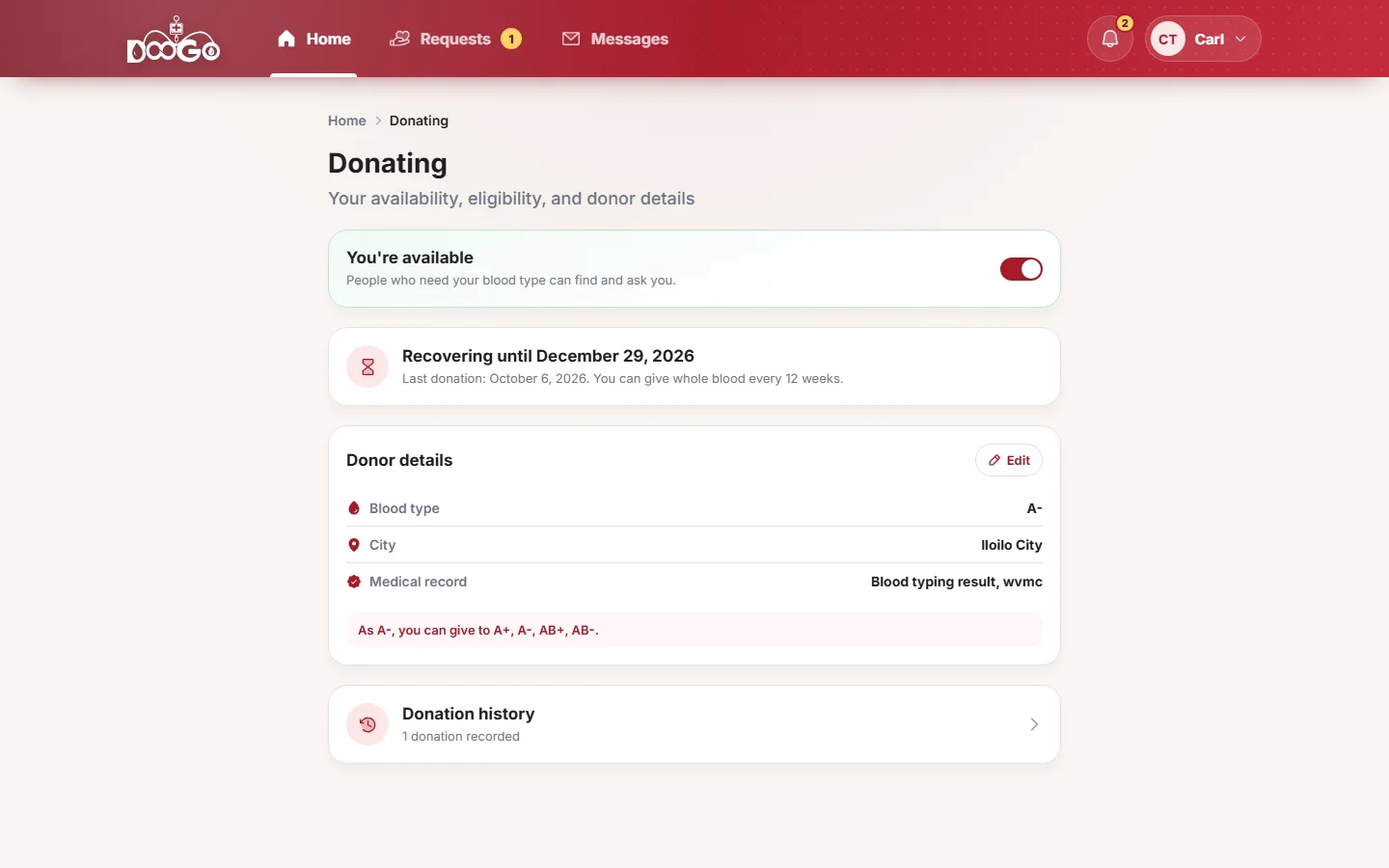 Donating page with availability, eligibility and donor details