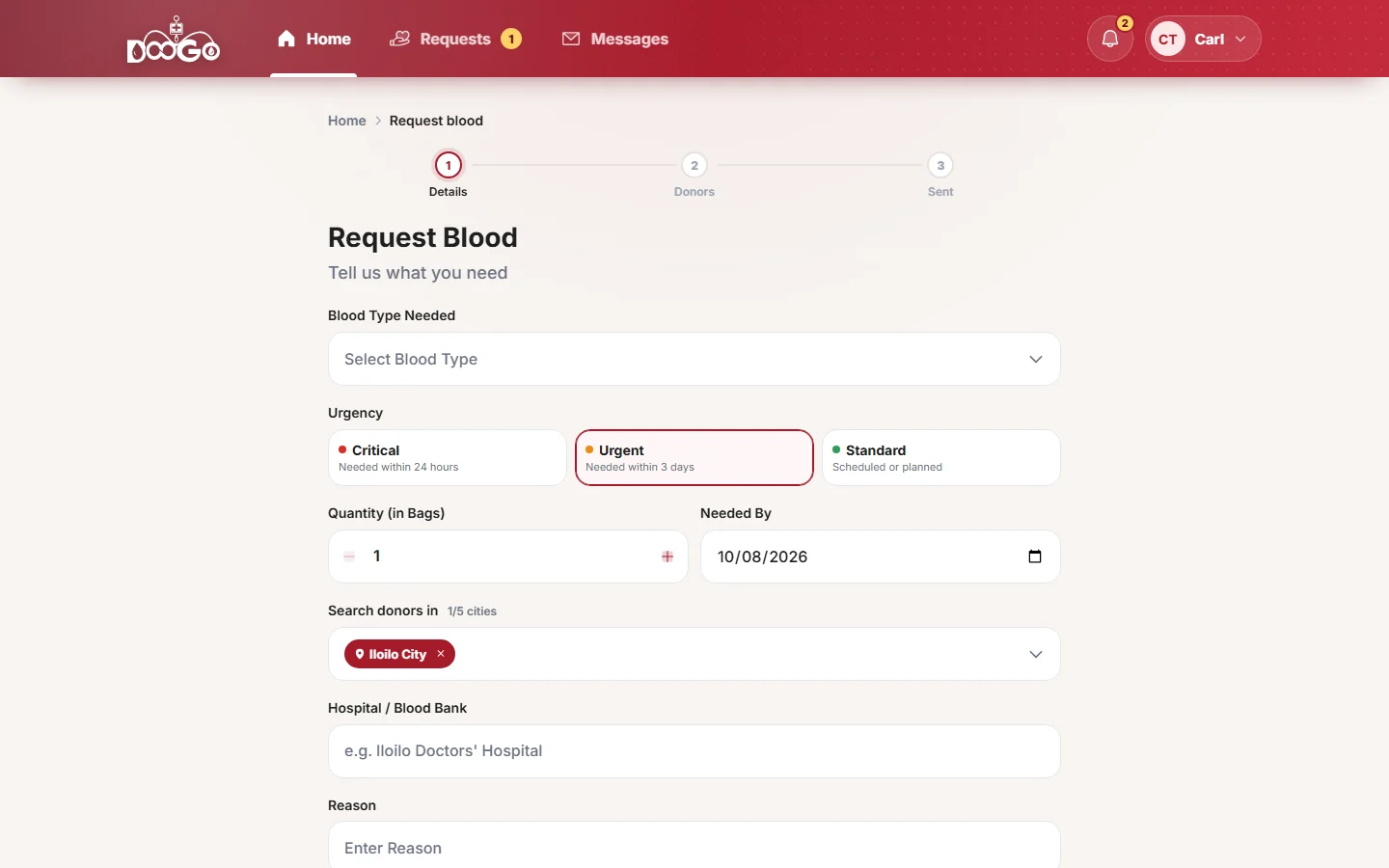 Request blood form with urgency, bags, date and city picker