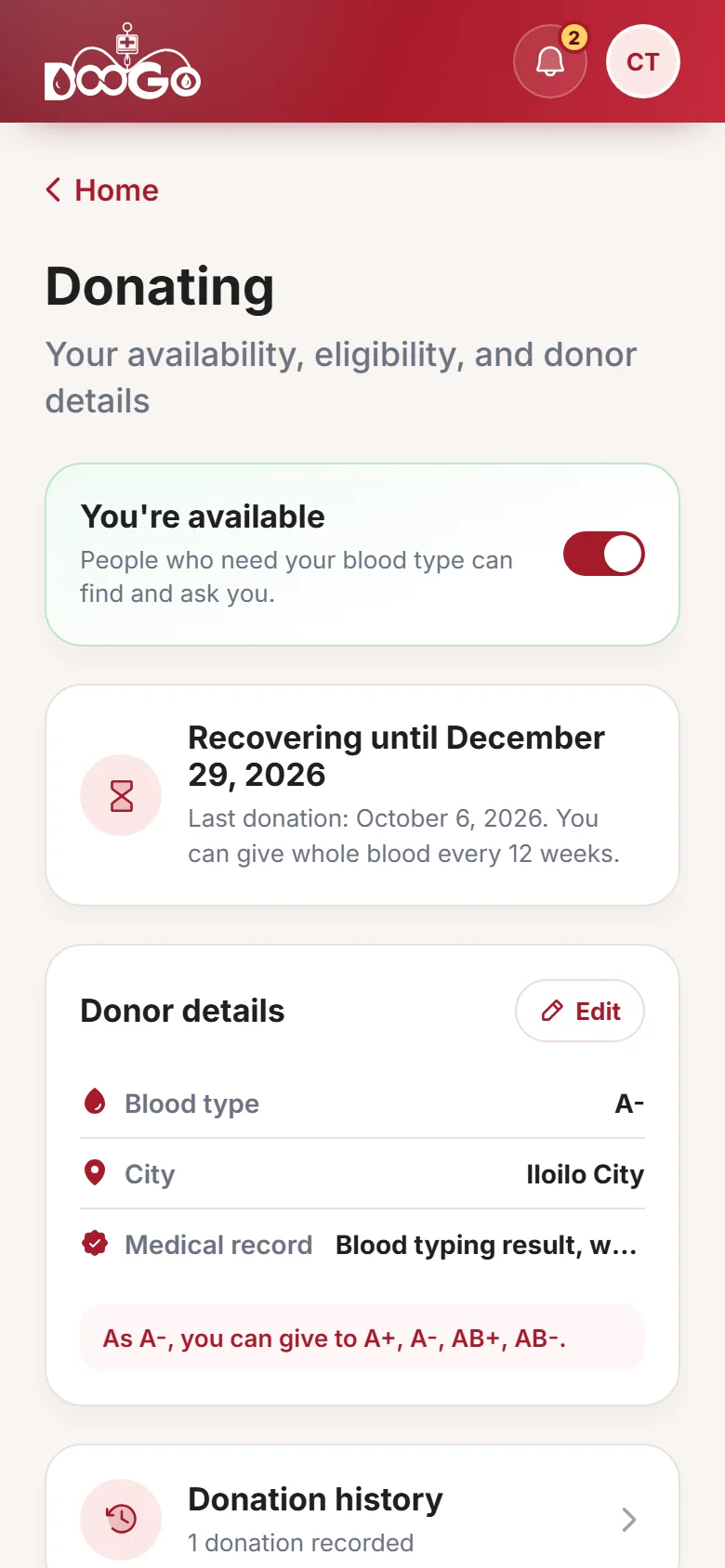 Donating page on mobile