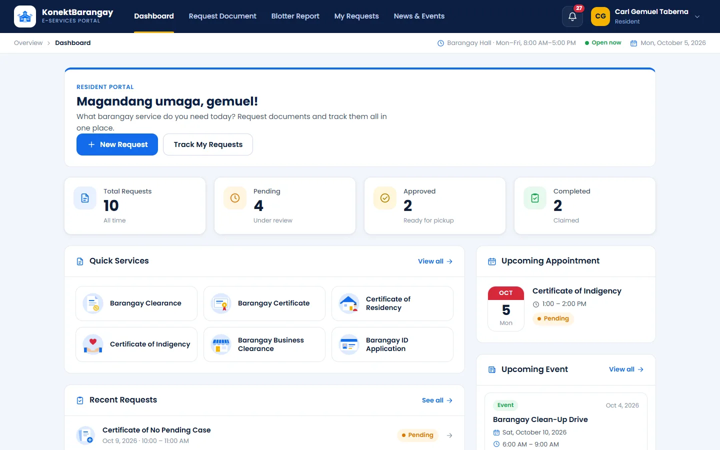 KonektBarangay resident dashboard on desktop