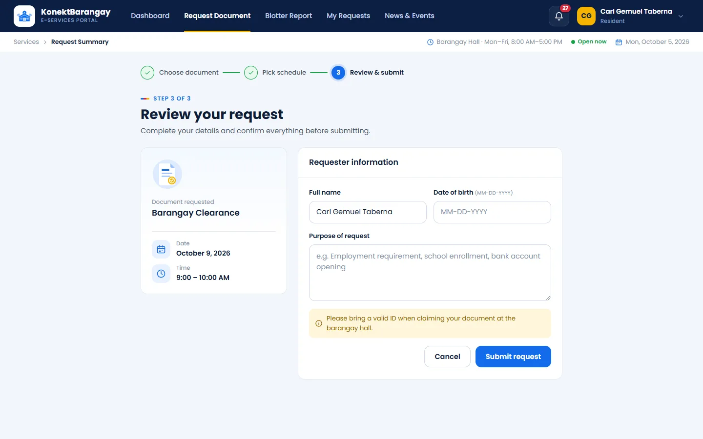 Request summary before submission