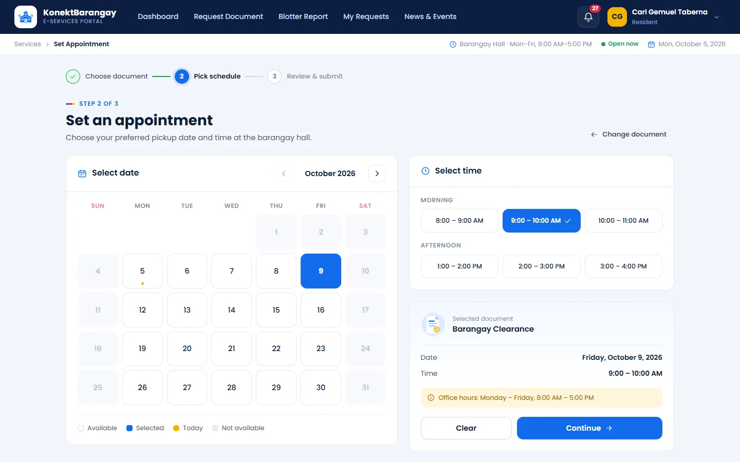 Appointment calendar with a date and time selected