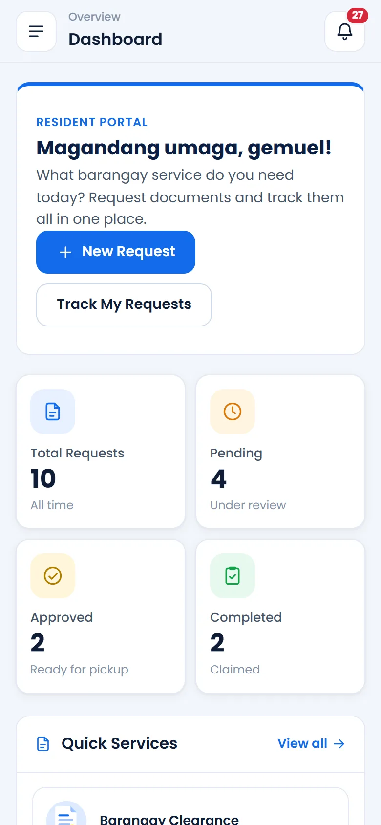Resident dashboard on mobile