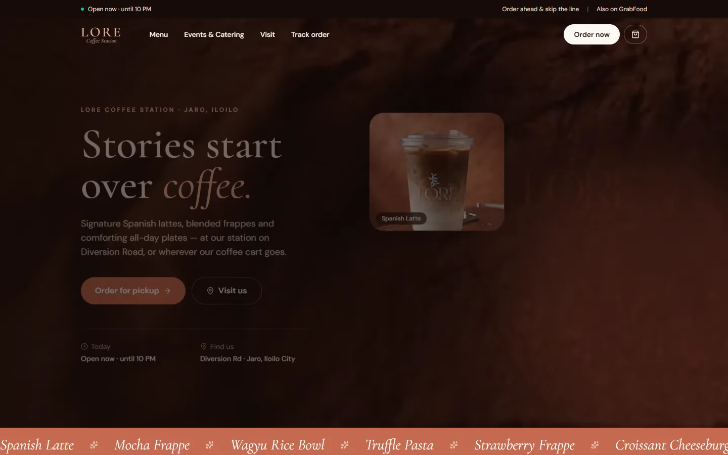 Lore Coffee Station home page on desktop