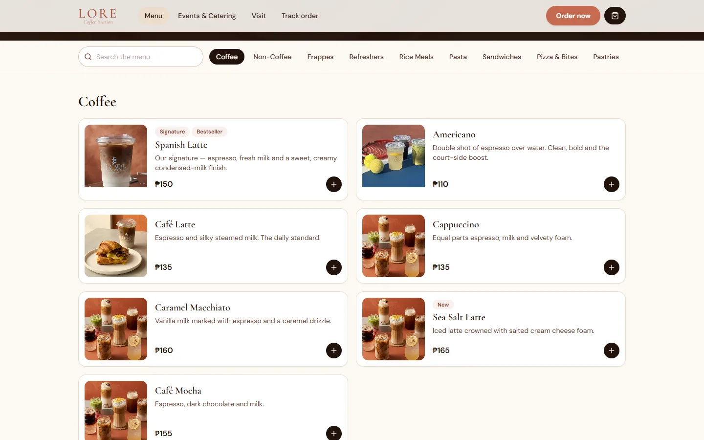 Menu with categories, search and drink cards
