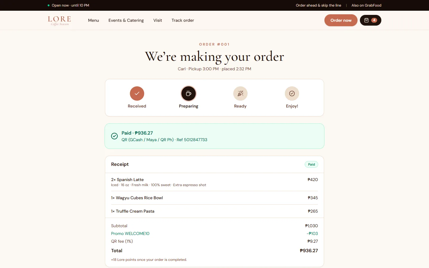 Live order tracker showing the order being prepared