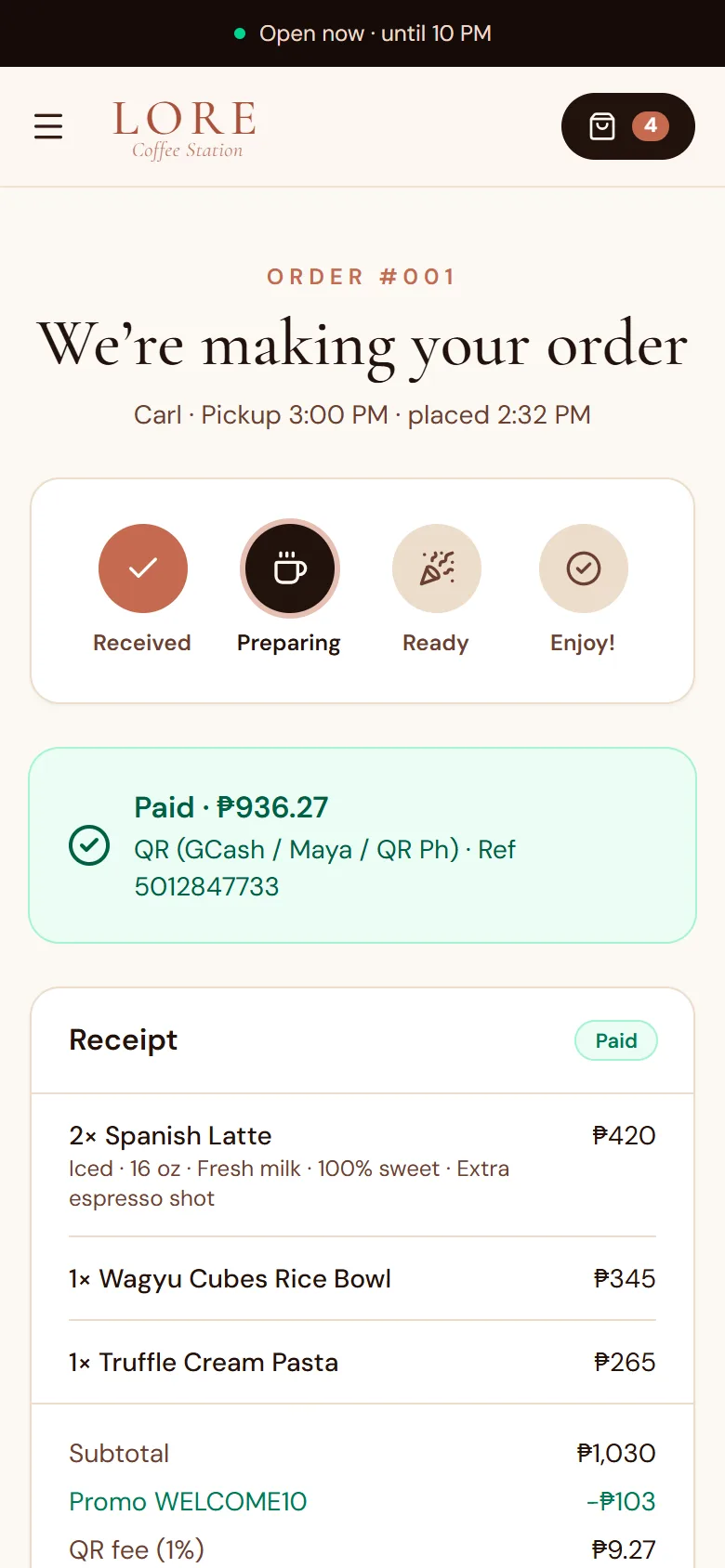 Order tracker on mobile