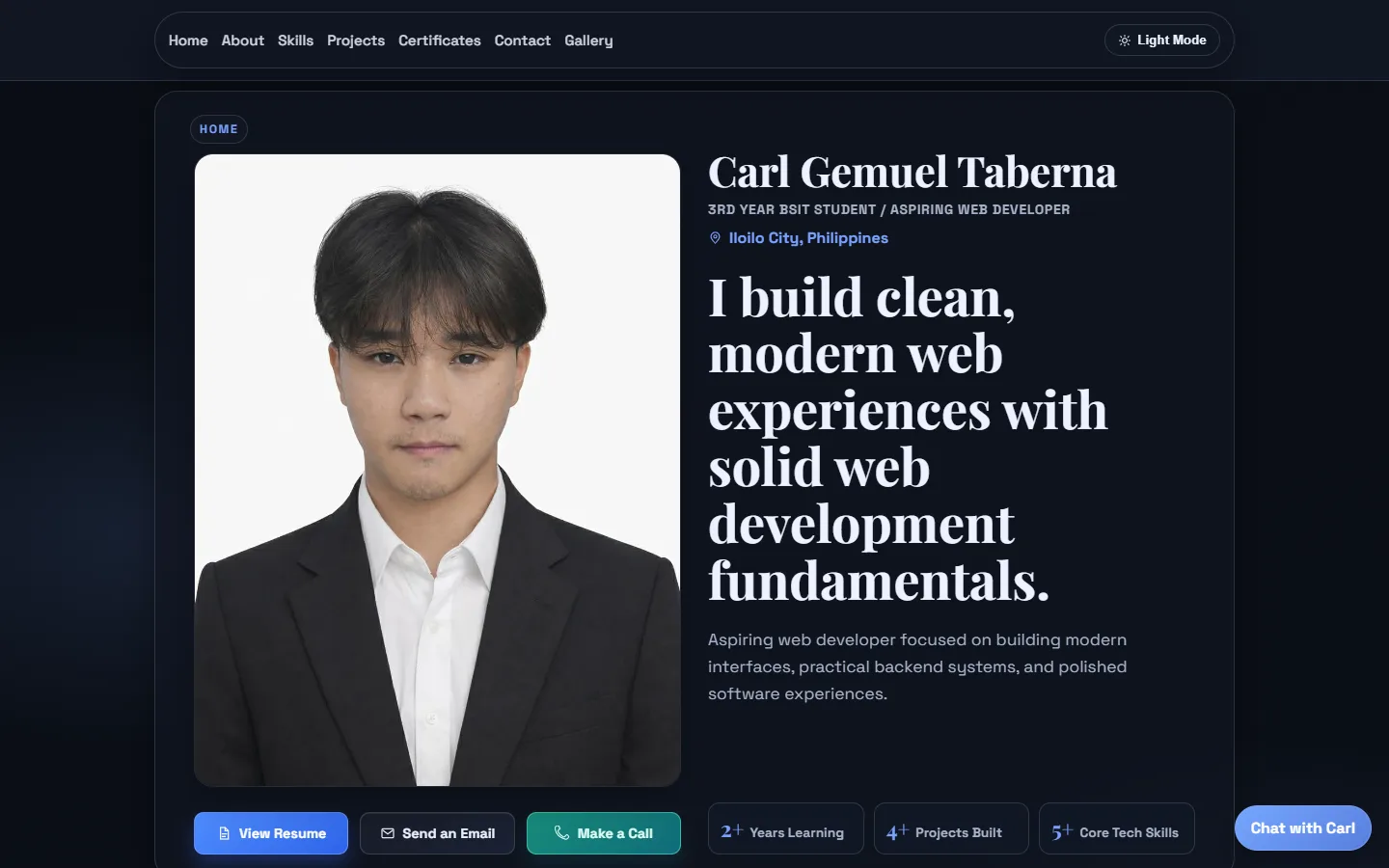 Portfolio home page on desktop