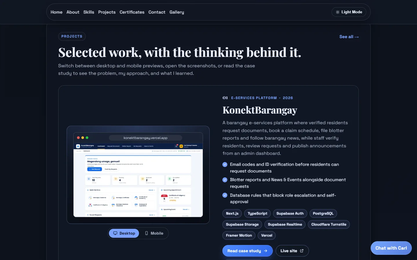 Projects section with device previews