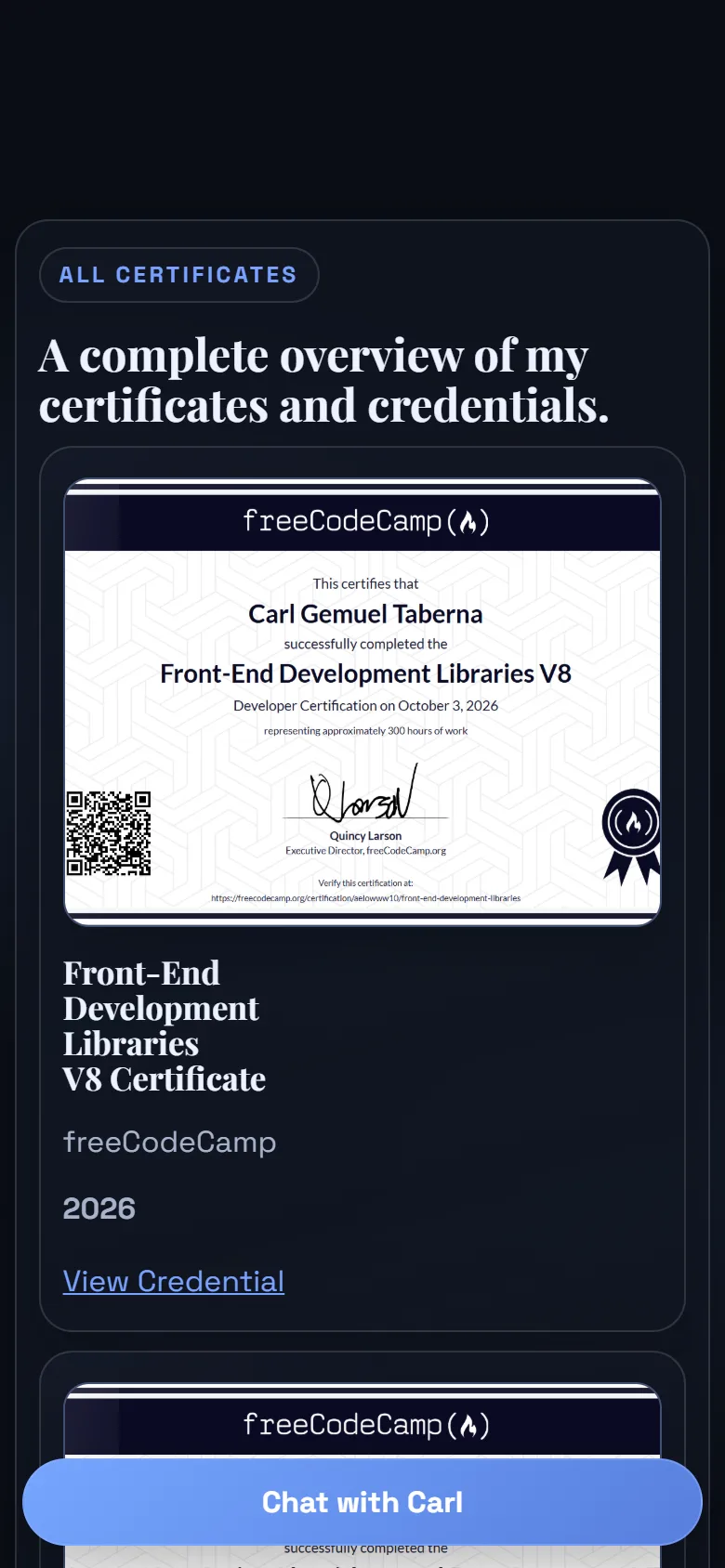 Certificates page on mobile