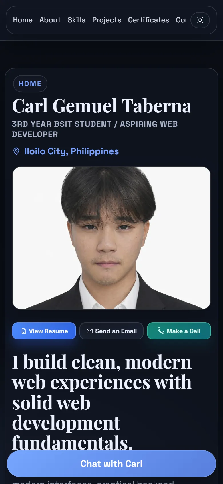 Portfolio hero on mobile