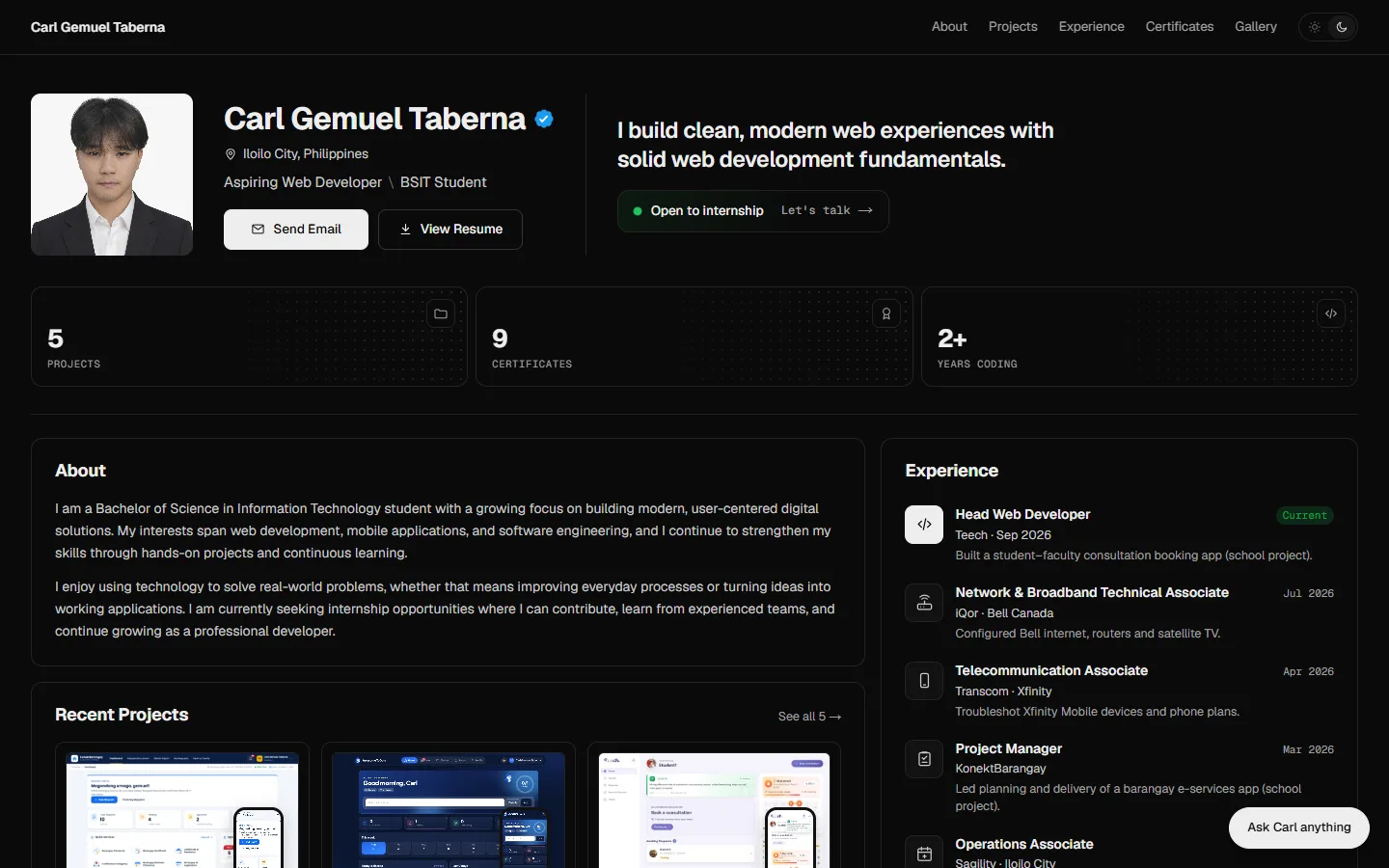 Professional portfolio home page on desktop