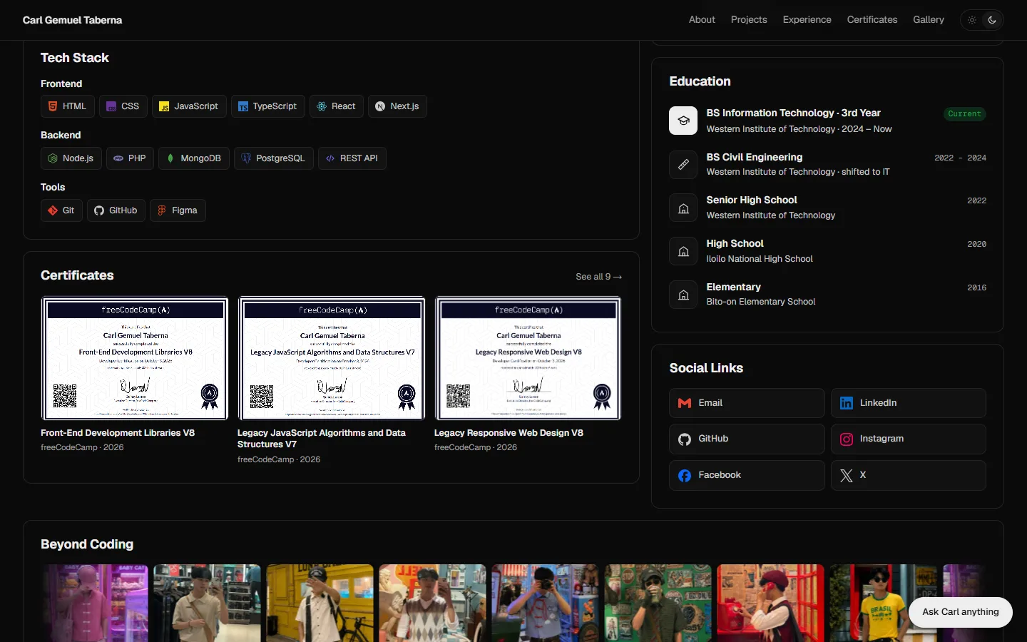 Tech stack, certificates, education and social links cards