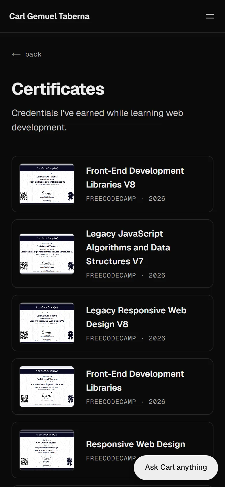 Certificates page on mobile