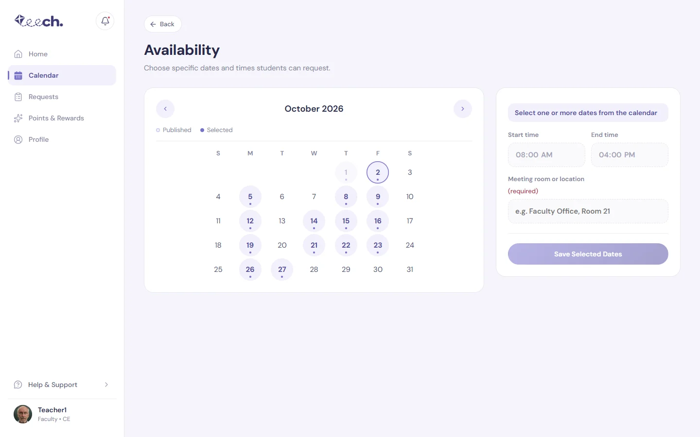 Faculty availability calendar with times and room