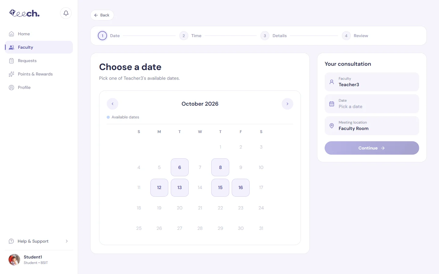 Booking step one: choose one of the teacher's open dates