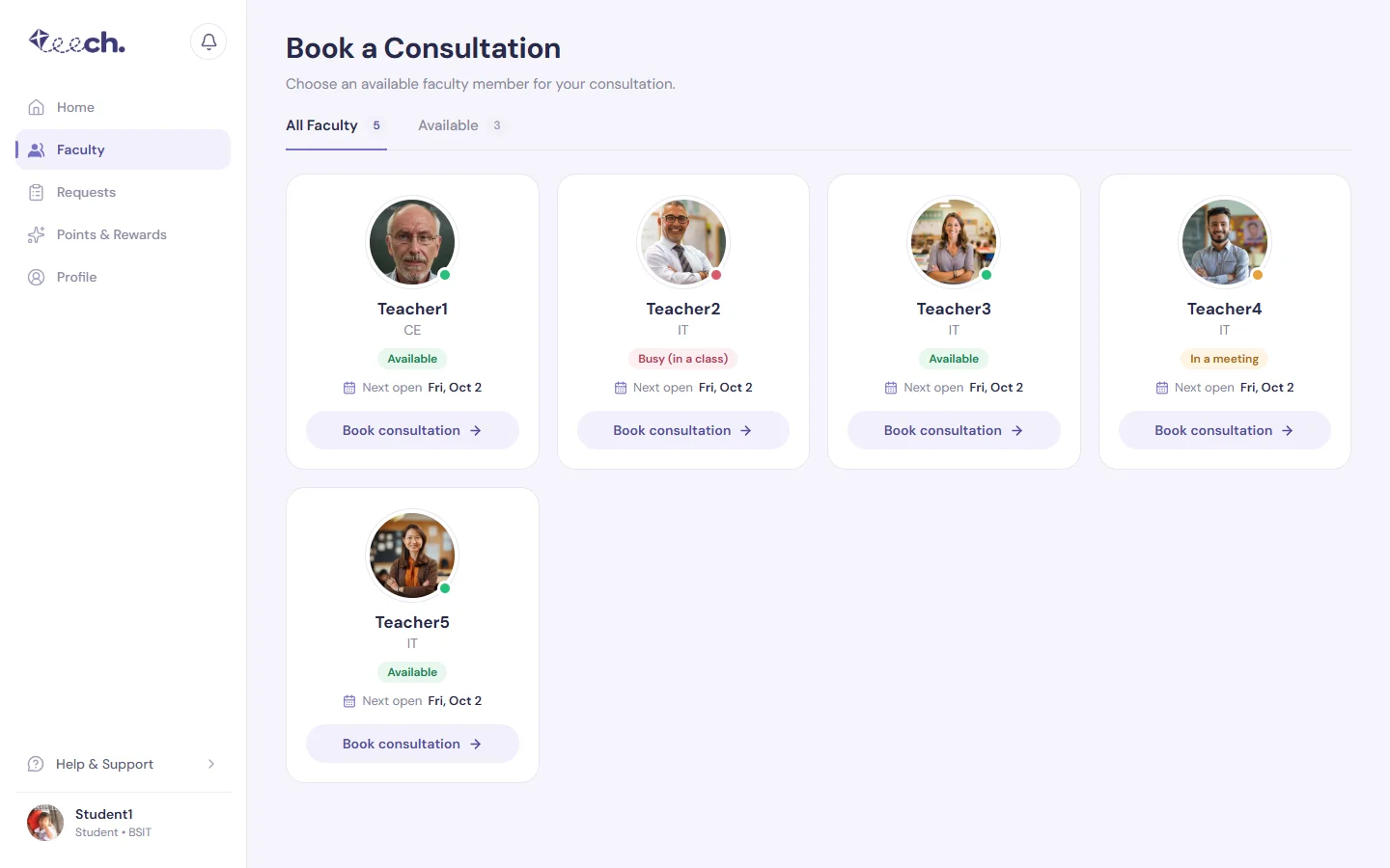 Faculty cards showing live status and next open date