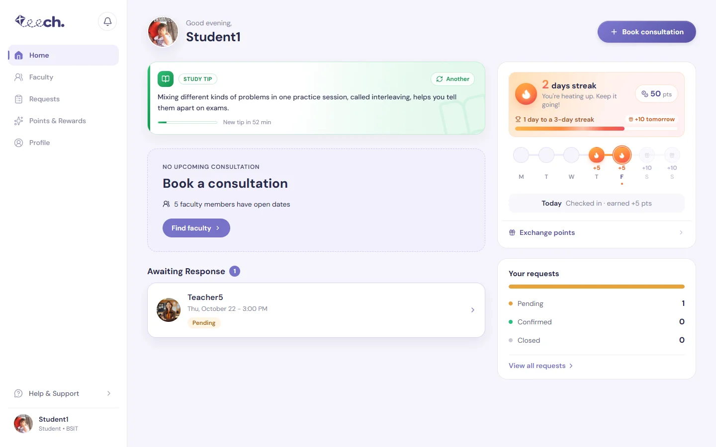 Teech student dashboard on desktop