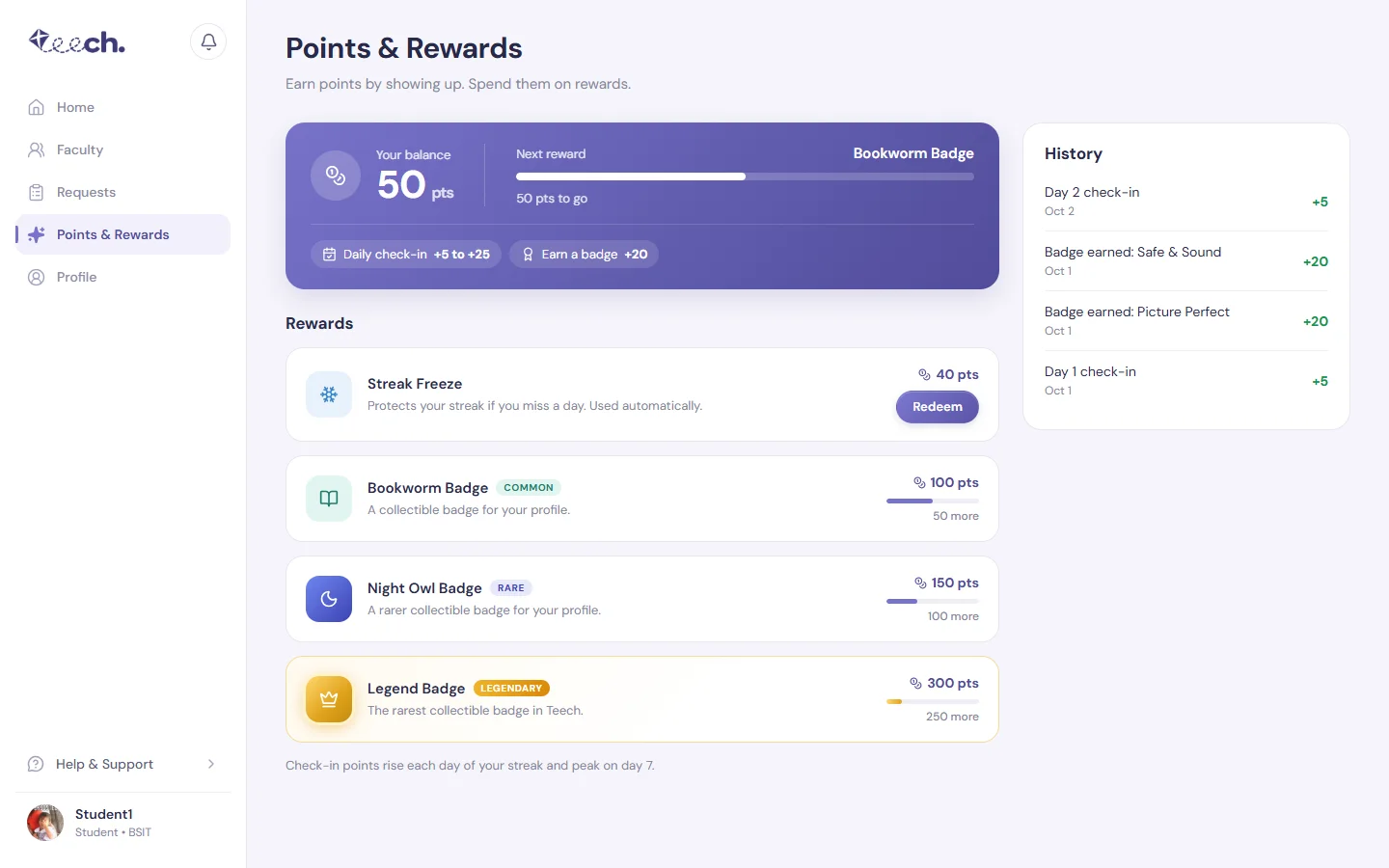 Points balance, rewards shop and history