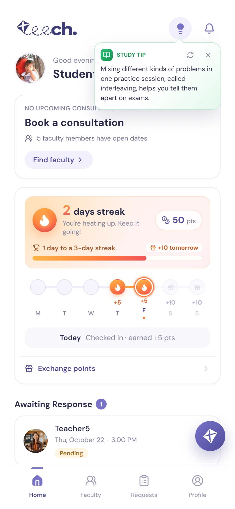 Student dashboard on mobile